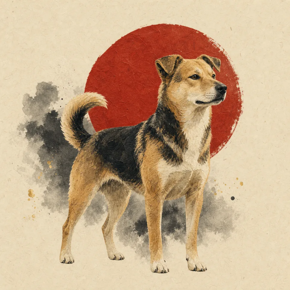 Dog in a contemporary Chinese ink-wash and cut-paper illustration