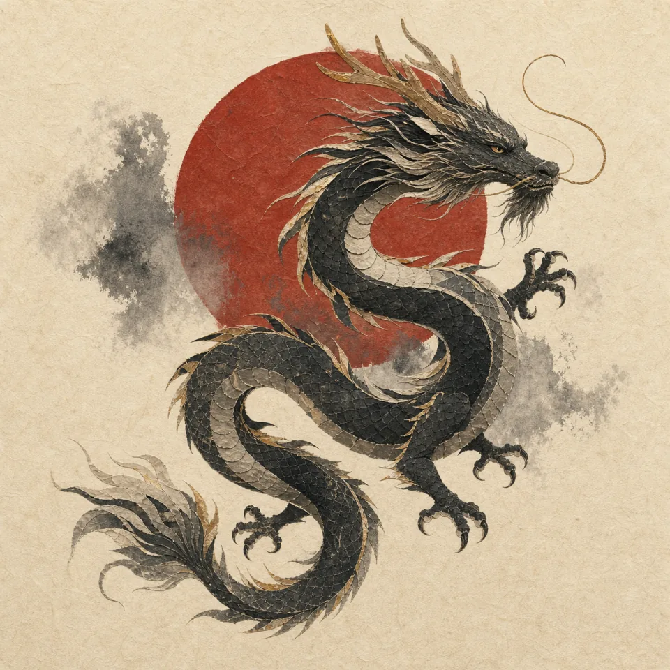 Dragon in a contemporary Chinese ink-wash and cut-paper illustration
