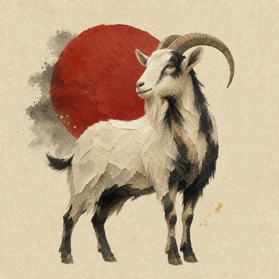 Goat in a contemporary Chinese ink-wash and cut-paper illustration