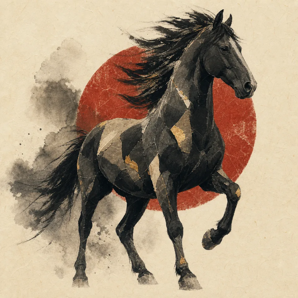 Horse in a contemporary Chinese ink-wash and cut-paper illustration