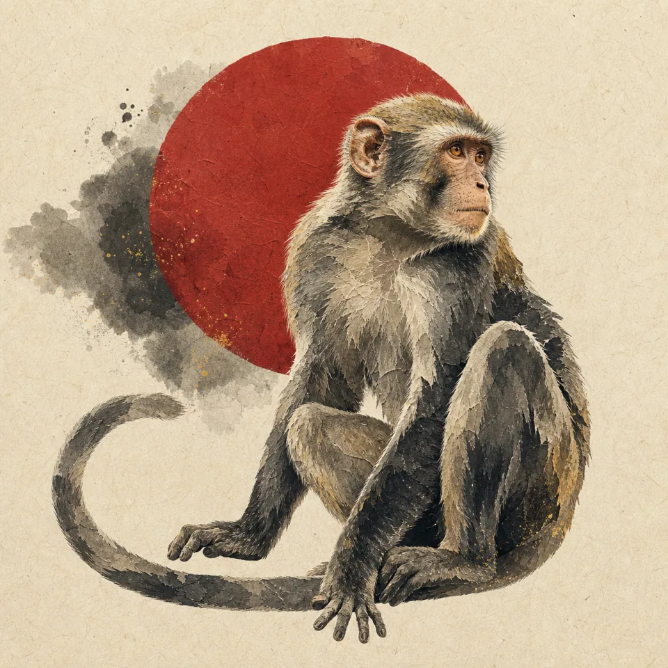 Monkey in a contemporary Chinese ink-wash and cut-paper illustration