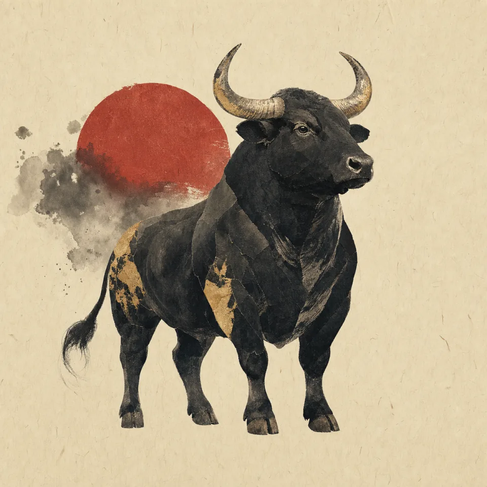Ox in a contemporary Chinese ink-wash and cut-paper illustration