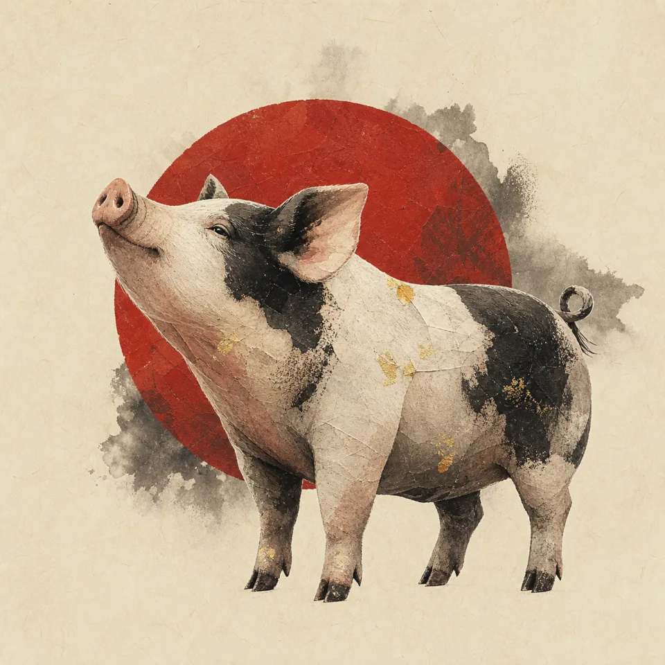 Pig in a contemporary Chinese ink-wash and cut-paper illustration