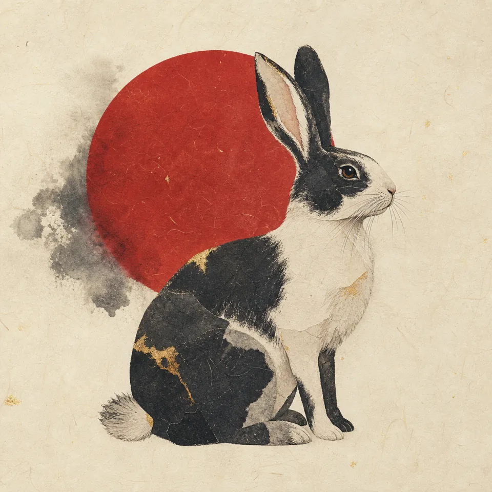Rabbit in a contemporary Chinese ink-wash and cut-paper illustration