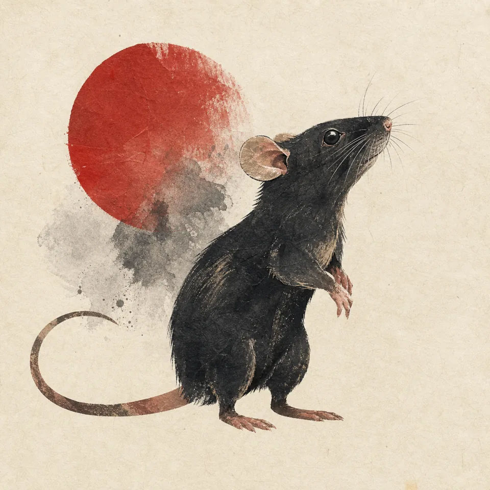 Rat in a contemporary Chinese ink-wash and cut-paper illustration