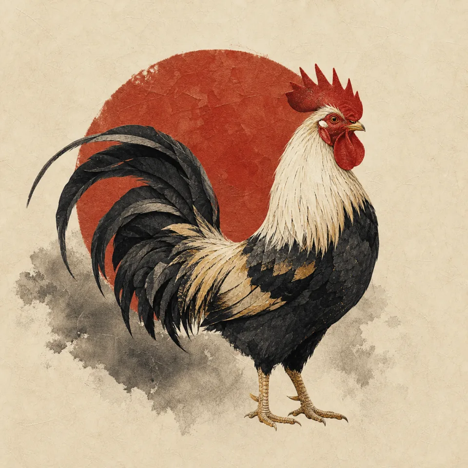 Rooster in a contemporary Chinese ink-wash and cut-paper illustration