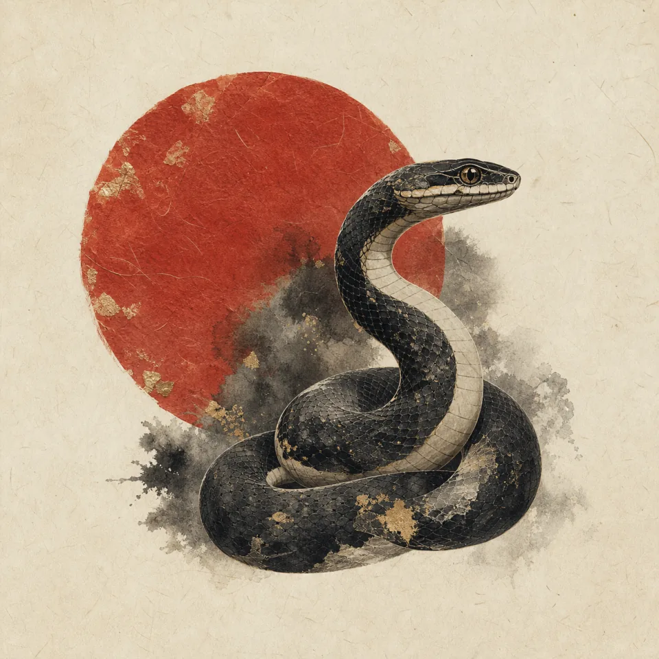 Snake in a contemporary Chinese ink-wash and cut-paper illustration