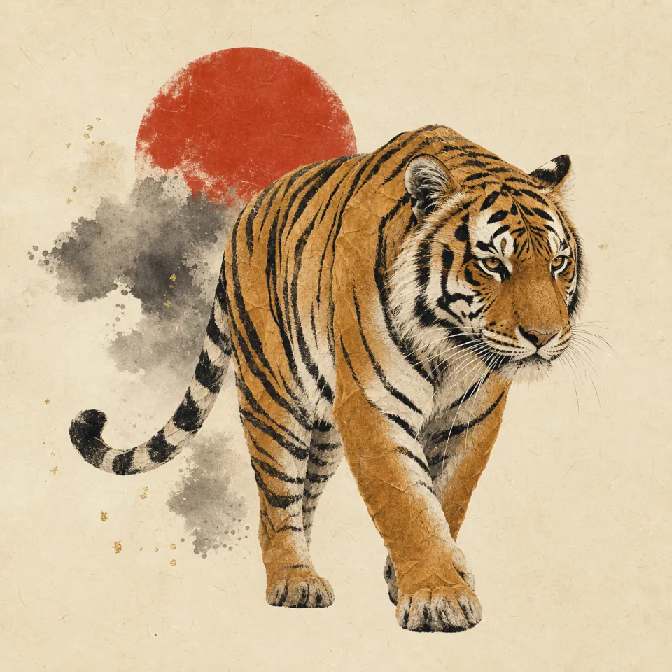 Tiger in a contemporary Chinese ink-wash and cut-paper illustration
